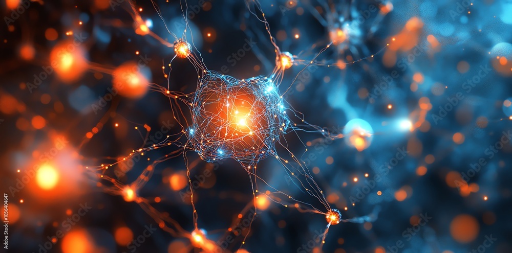 Poster A glowing neuron with glowing connections and bokeh lights in the background, creating a futuristic digital design.