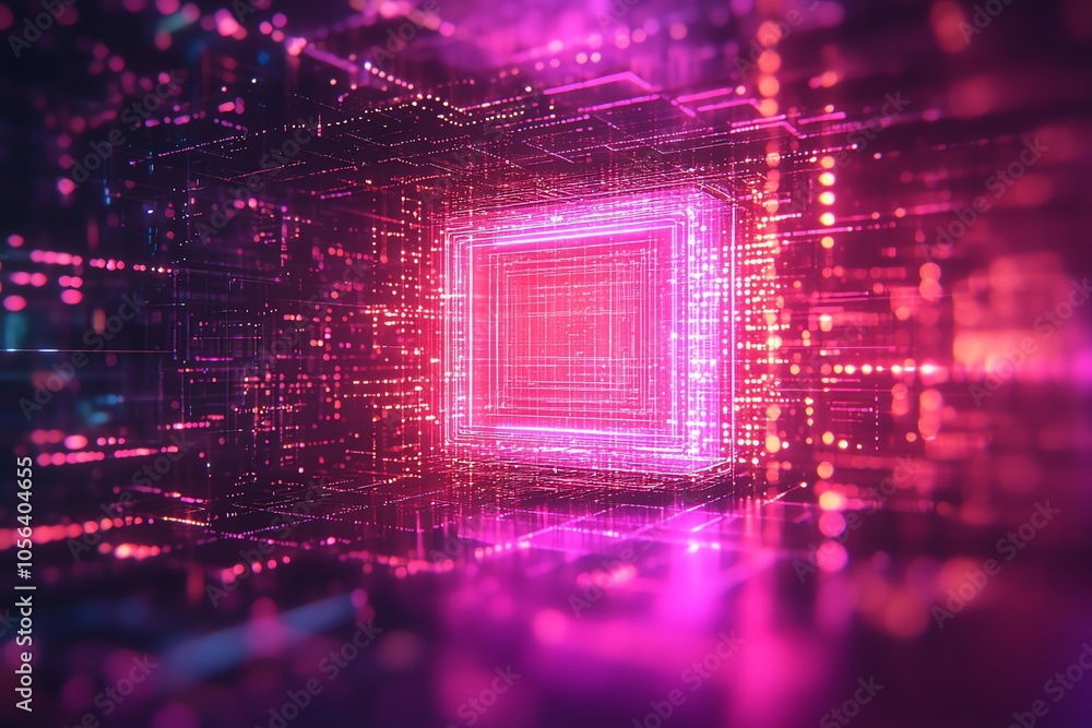 Poster Abstract digital space with glowing neon light grid and square frame.