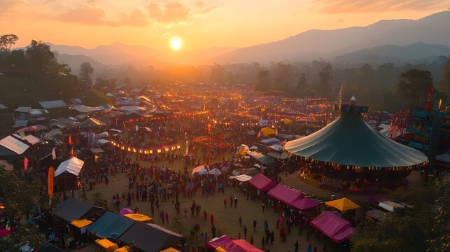 Wide-angle view of the vibrant festival grounds with traditional music echoing in the air, Hornbill Festival, 4K resolution