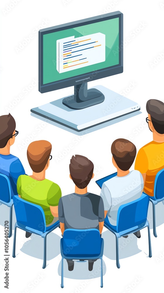 Poster a group of five students are sitting in a circle around a computer, watching a coding lesson on the 