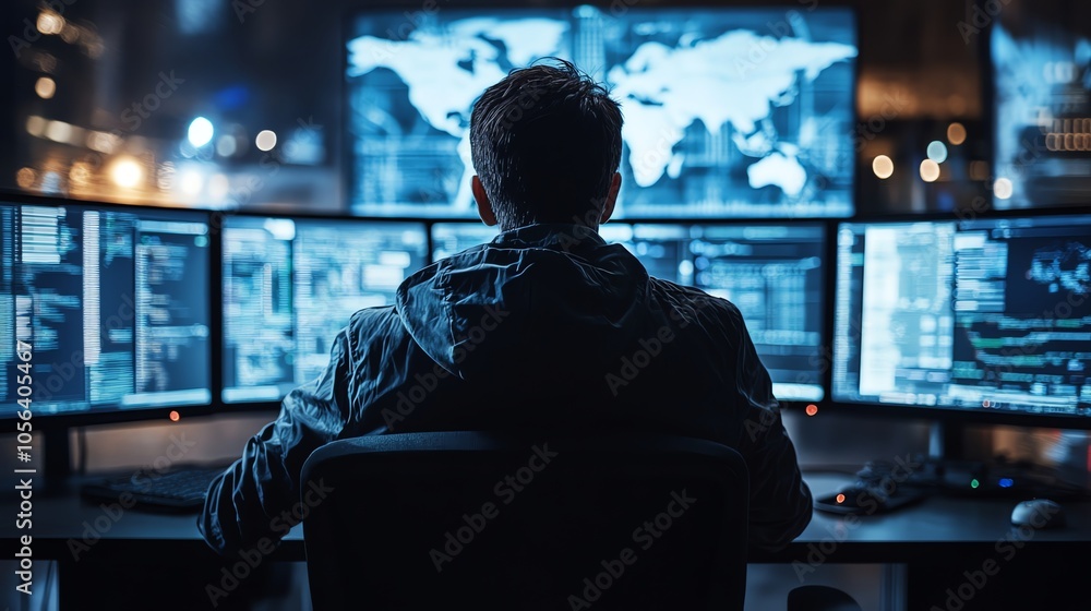 Poster A man sits at a desk in front of multiple computer monitors, focusing on a world map displayed on the central screen.