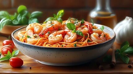 A bowl of spaghetti with shrimp, tomatoes, garlic, and basil on a wooden table.