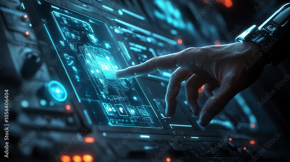 Poster A hand reaches out to touch a glowing blue interface, a futuristic control panel with many buttons and lights.