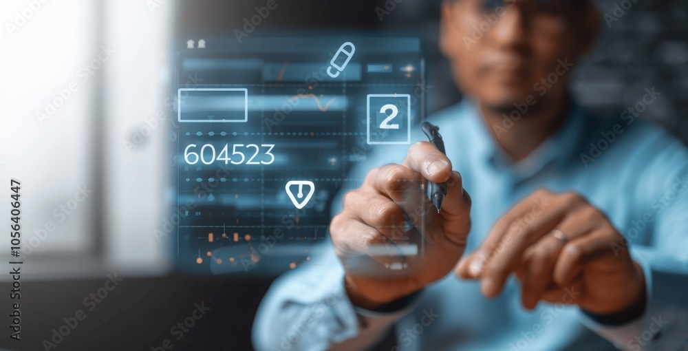Poster businessman checking mark on transparent mobile screen for quality control and project approval