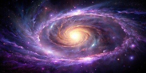 Obraz premium A swirling cosmic dance, a symphony of celestial dust and gas, ignites the night sky with vibrant hues of purple, gold, and blue, creating a mesmerizing spectacle of celestial wonder.