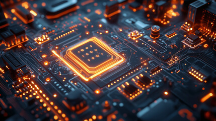 Close-up of a glowing, futuristic circuit board with a central microchip, highlighting technology and AI