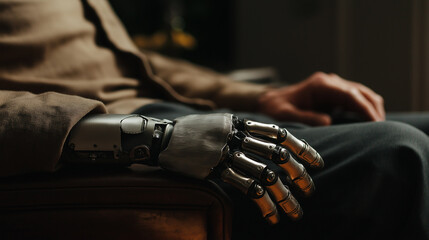 Profile of Hand Resting Lightly on Prosthetic Arm in Lap, a moment of calm with soft, natural lighting and neutral tones