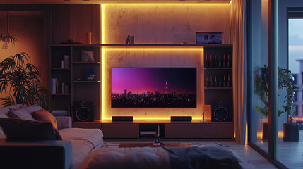 Cozy modern living room with ambient lighting, stylish decor, and a cityscape on the television screen