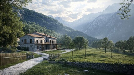 Serene Countryside Landscape with Mountain View