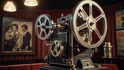Obraz premium Vintage film projector in a cozy, retro cinema setting.
