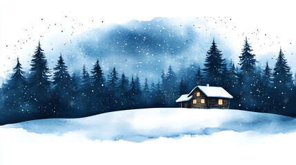 snowy winter landscape with pine trees and stars in the sky