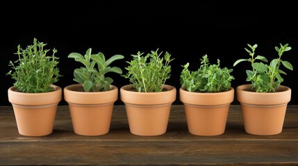 Obraz premium Five terracotta pots with various herbs arranged on a wooden surface against a dark background.