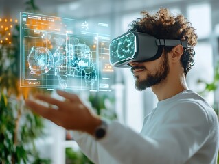 A man wearing a VR headset interacts with a holographic interface displaying data and visualizations.