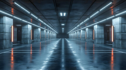 Empty Parking Garage with Neon Lights - 3D Illustration