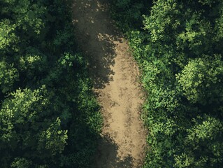 Aerial view of a winding dirt path surrounded by lush greenery, showcasing the beauty of nature and tranquility in a peaceful forest setting.