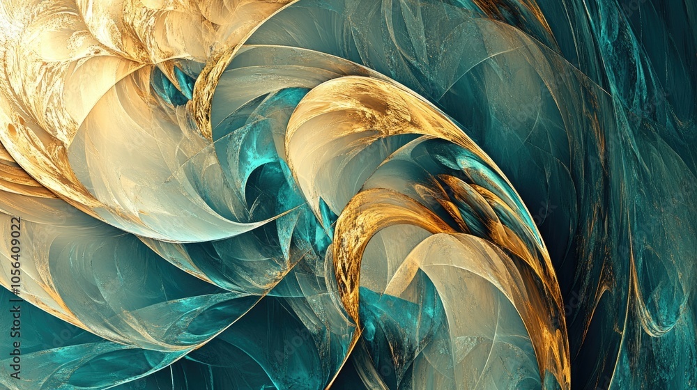 Poster gold and teal abstract design with surreal elements, symbolizing luxury and sophistication in a capt