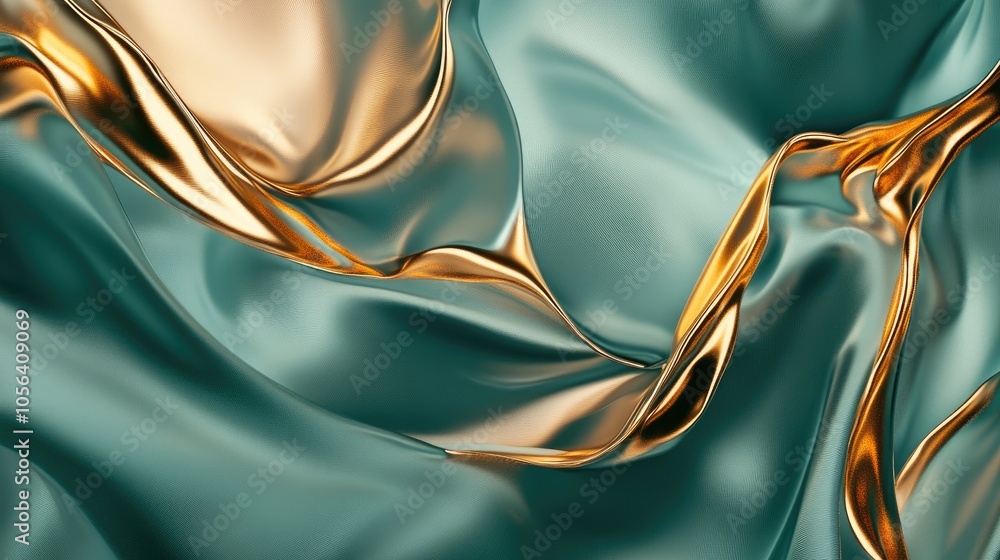 Poster luxurious abstract composition with flowing gold and teal, creating a surreal and elegant visual