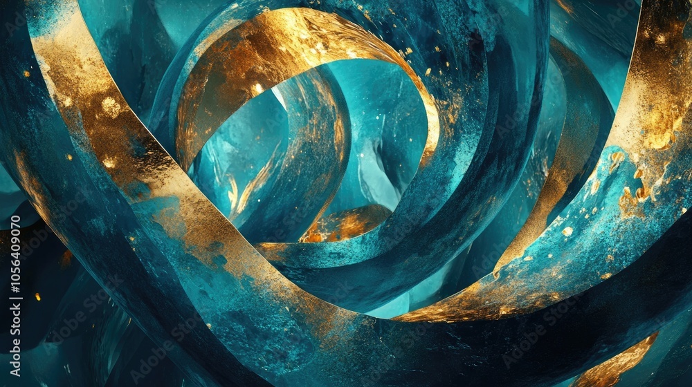 Poster high-end abstract in teal and gold tones, creating a surreal visual with luxury and sophistication