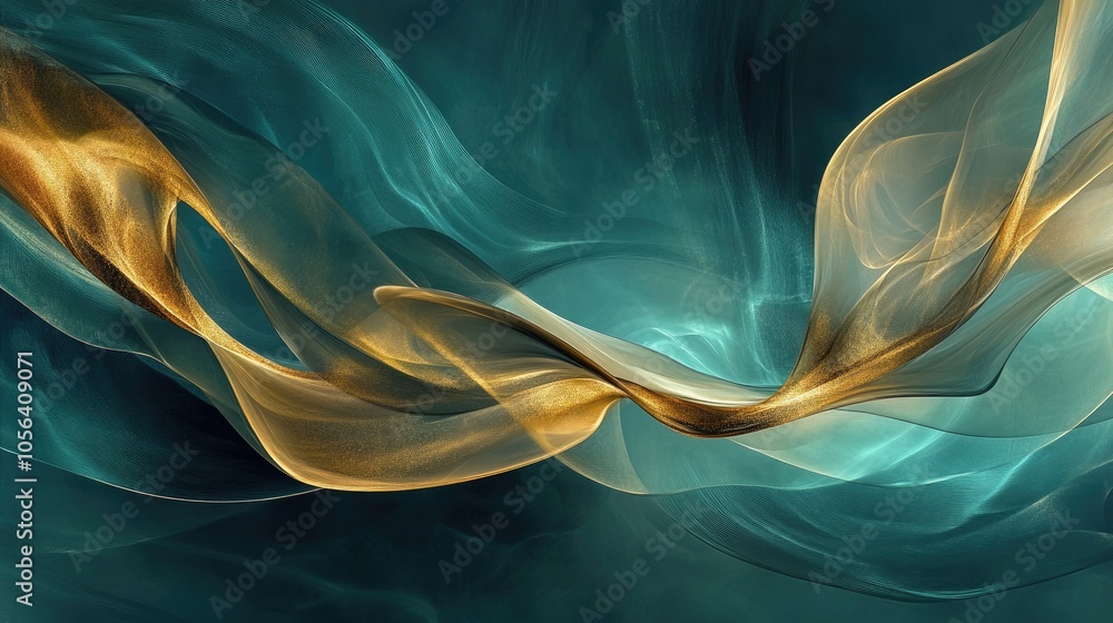 Poster luxurious abstract composition with flowing gold and teal, creating a surreal and elegant visual