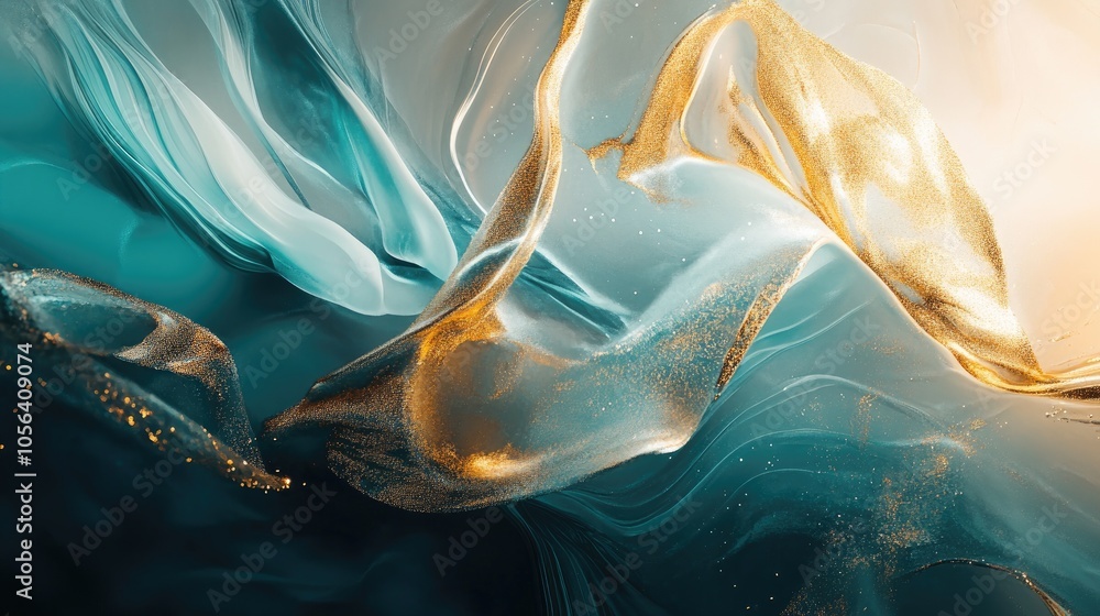 Poster luxurious abstract composition with flowing gold and teal, creating a surreal and elegant visual