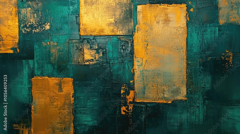 Poster a high-end abstract in gold and teal, creating a surreal and refined visual that symbolizes luxury a