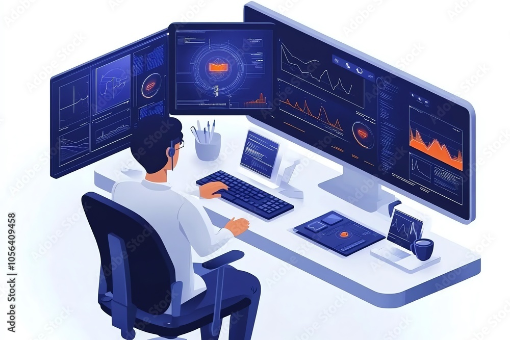 Poster A man sits at a desk with three large computer monitors filled with data. He is working on a keyboard and is wearing a headset.