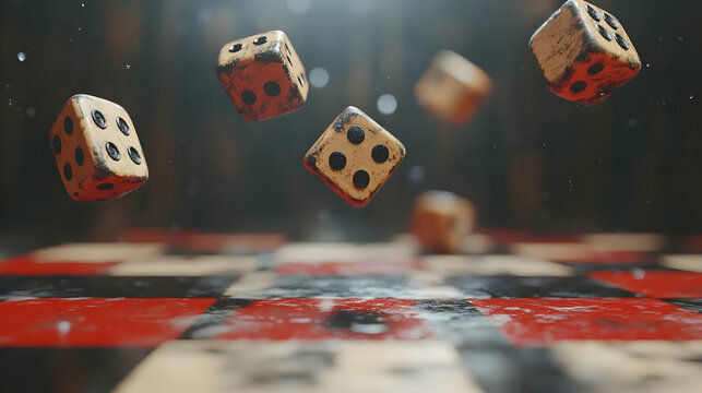3D Render - Dice Rolling on Checkered Surface