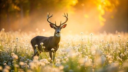 A Majestic Buck Stands Proudly in a Field of Delicate White Blooms, Bathed in the Golden Glow of the Setting Sun.