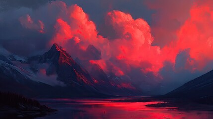 Crimson Sky Over Mountain Lake