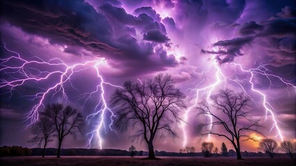 Electric Dance of Nature's Power Silhouetted trees stand tall against a dramatic backdrop of purple thunderclouds and vibrant lightning strikes.
