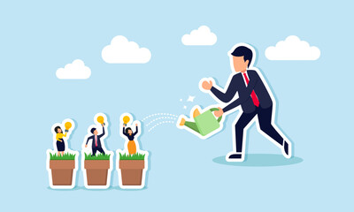 A businessman waters several pots containing businessmen holding lamps, illustrating maintenance and upgrading of productive human resources to bring innovations and ideas
