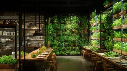 A restaurant where the walls are made of edible plants that guests can harvest directly for their meals