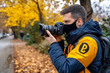Fototapeta premium Detective using a camera to photograph evidence at a crime scene, capturing the importance of accurate documentation, symbolizing clarity and dedication