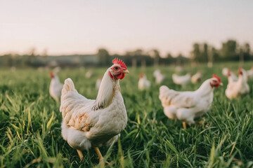 Fototapeta premium Free range chickens walking around in grass, enjoying open space and natural environment. Their lively presence adds sense of tranquility to rural landscape