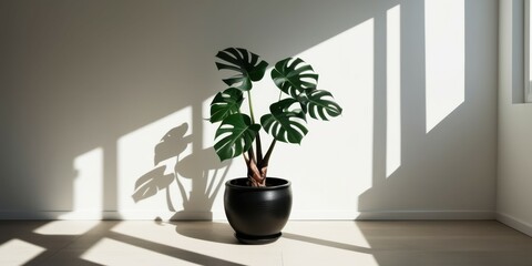 Indoor plant, monstera deliciosa, black ceramic pot, minimalist interior, white walls, sunlight streaming through windows, shadow patterns, hardwood floor, clean aesthetic, contemporary design, natura