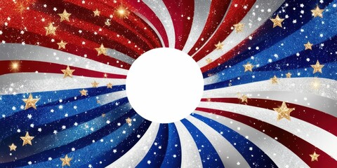 Abstract patriotic background, American flag colors, swirling design, red white and blue, stars and stripes, cosmic space theme, sparkles, dynamic motion, festive celebration, 4th of July, digital art