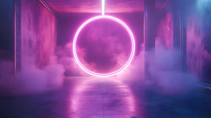 Neon Circle Light in a Foggy Corridor - 3D Illustration