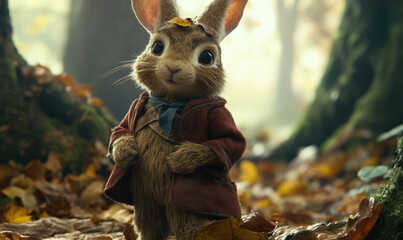 curious rabbit stands in forest, looking at camera with playful expression