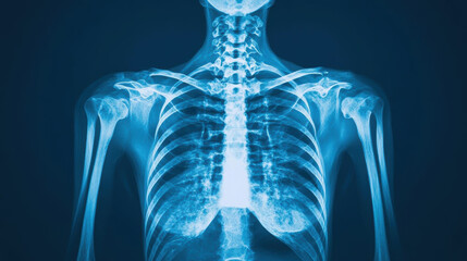 A detailed X-ray image of a human torso, highlighting the bones, ribs, spine, and sternum against a dark background.