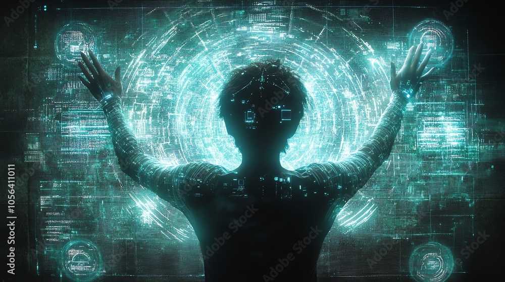 Aufkleber a silhouette of a person with arms raised in front of a large screen with glowing blue and green dig