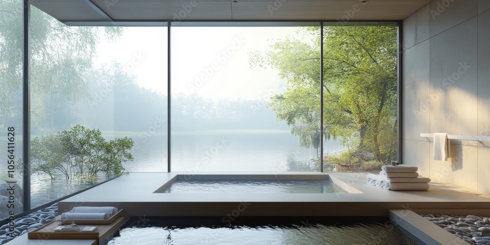 Poster a small pool with a view of a lake and trees. the water is calm and the trees are green