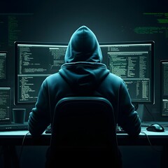 Intense scene of an anonymous hacker at work, highlighting their concentration and secrecy