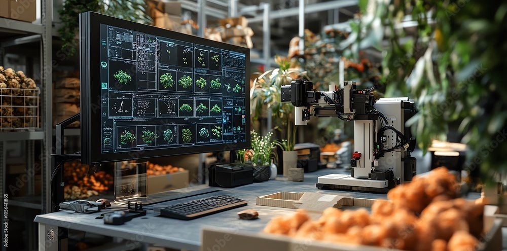 Poster A robotic arm next to a computer monitor with data about plants.