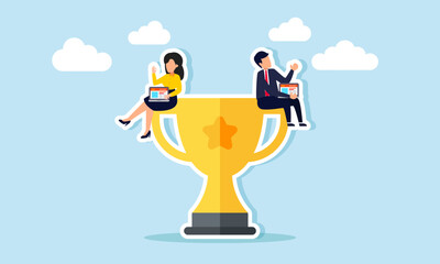 A businessman and businesswoman are sitting on a trophy while each holding a laptop, illustrating analysis and evaluation of business performance to become the best in their field