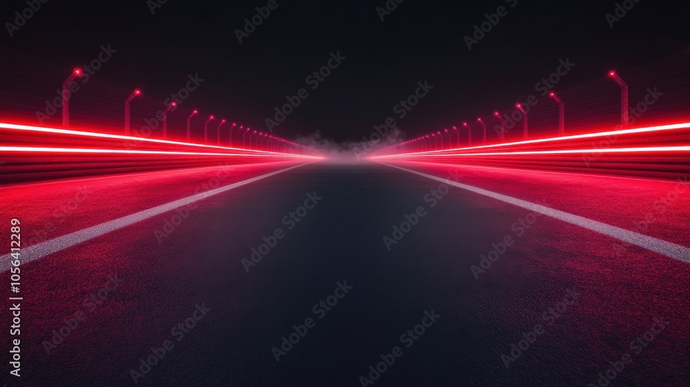 Poster a captivating view of a dark road illuminated by striking red lights, creating a sense of speed and 