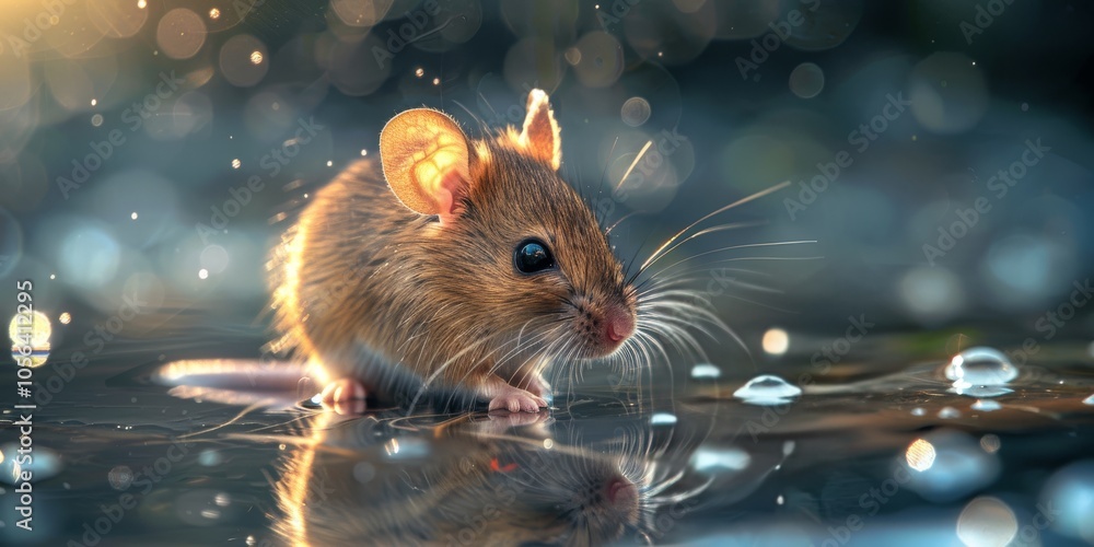 Poster a small brown mouse is standing on a wet surface, looking at the camera. the image has a calm and pe
