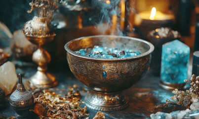 Mystical blue crystals smolder in copper bowl, releasing fragrant smoke