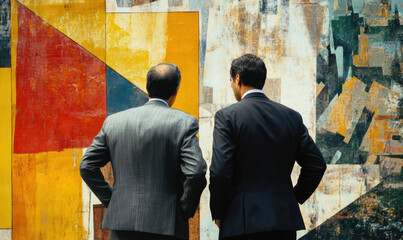 Two businessmen stand in front of vibrant abstract mural, engrossed in conversation. They seem intrigued and inspired by artwork, their body language conveying shared sense of wonder
