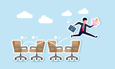 A businessman is jumping over a series of office chairs while holding a piggy bank, illustrating a step-by-step process in building investment assets for stable business finances