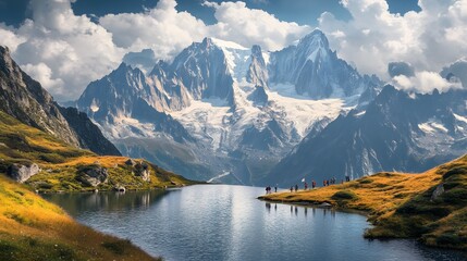 Obraz premium Amazing view on Monte Bianco mountains range with tourist on a foreground. Lac de Cheserys lake, Chamonix, Graian Alps. Landscape photography. 